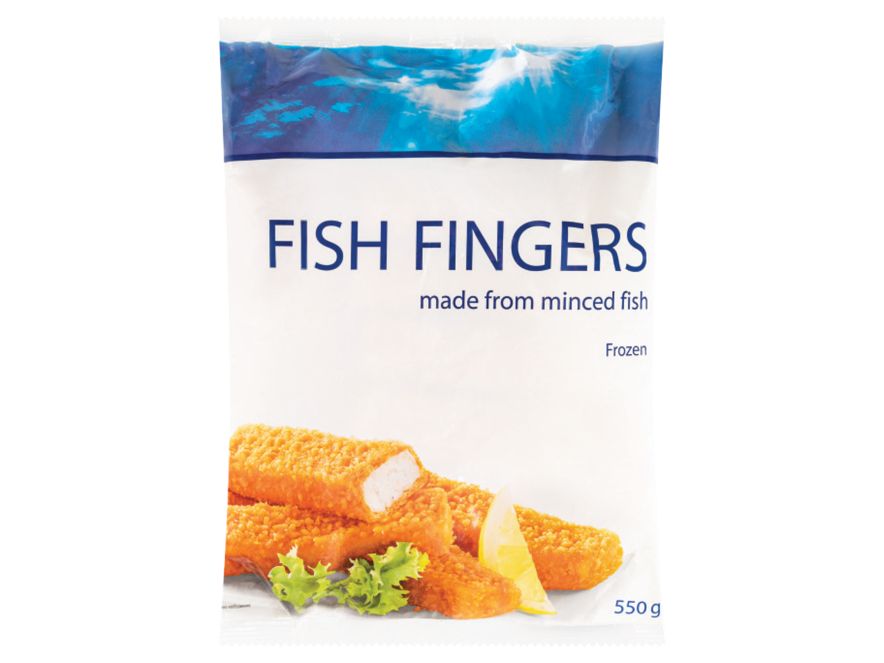 Saldēti zivju pirkstiņi no maltas zivs, 550 g iepakojumā.