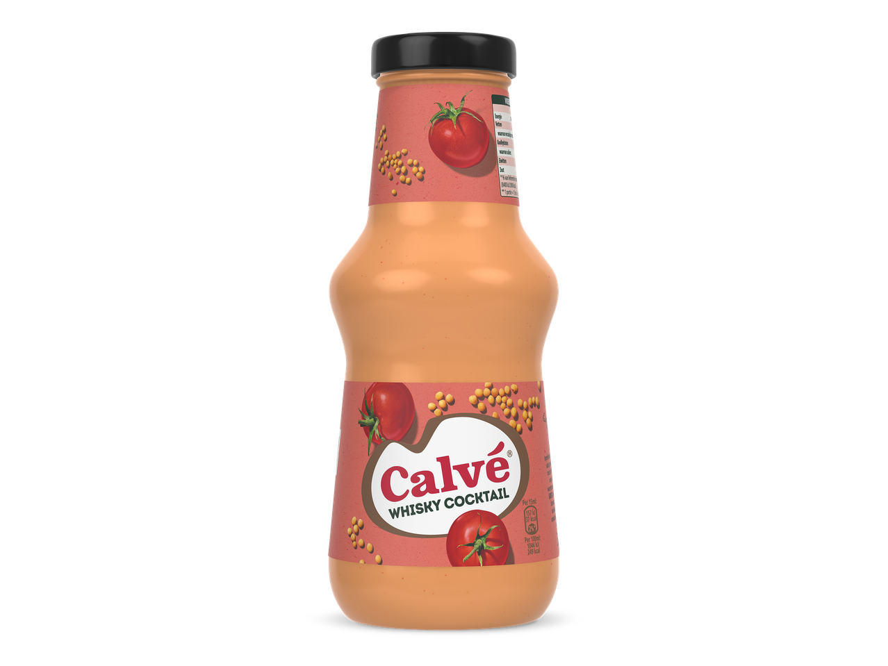 Fles whisky cocktailsaus met tomaten en mosterdzaadjes op een roze etiket.