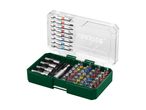 Screwdriver bit set with various bits and nut setters in a green and clear case.