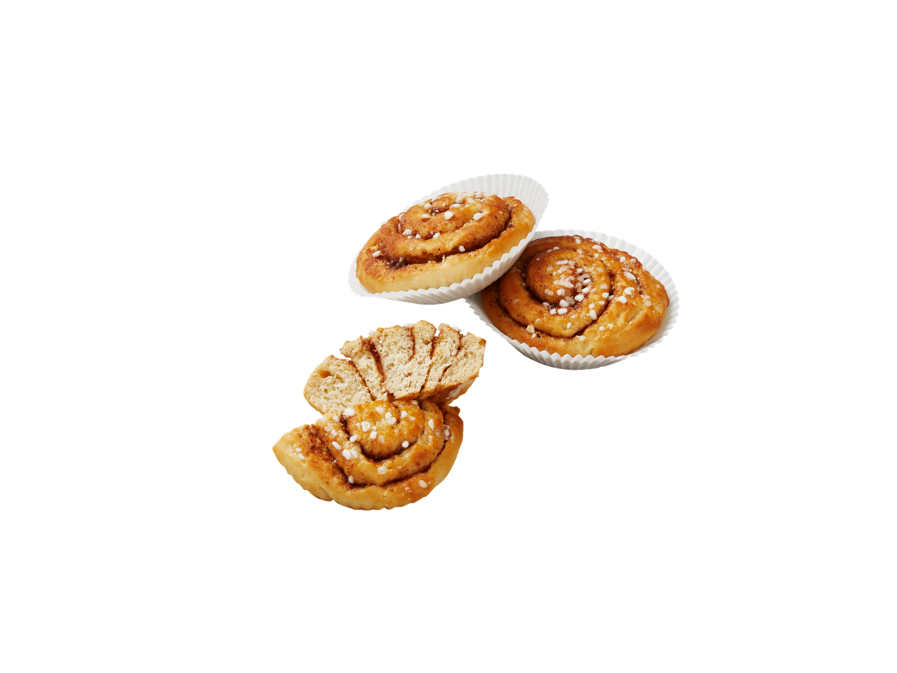 Kaneelbroodjes: heel en gehalveerd, met suikerglazuur.