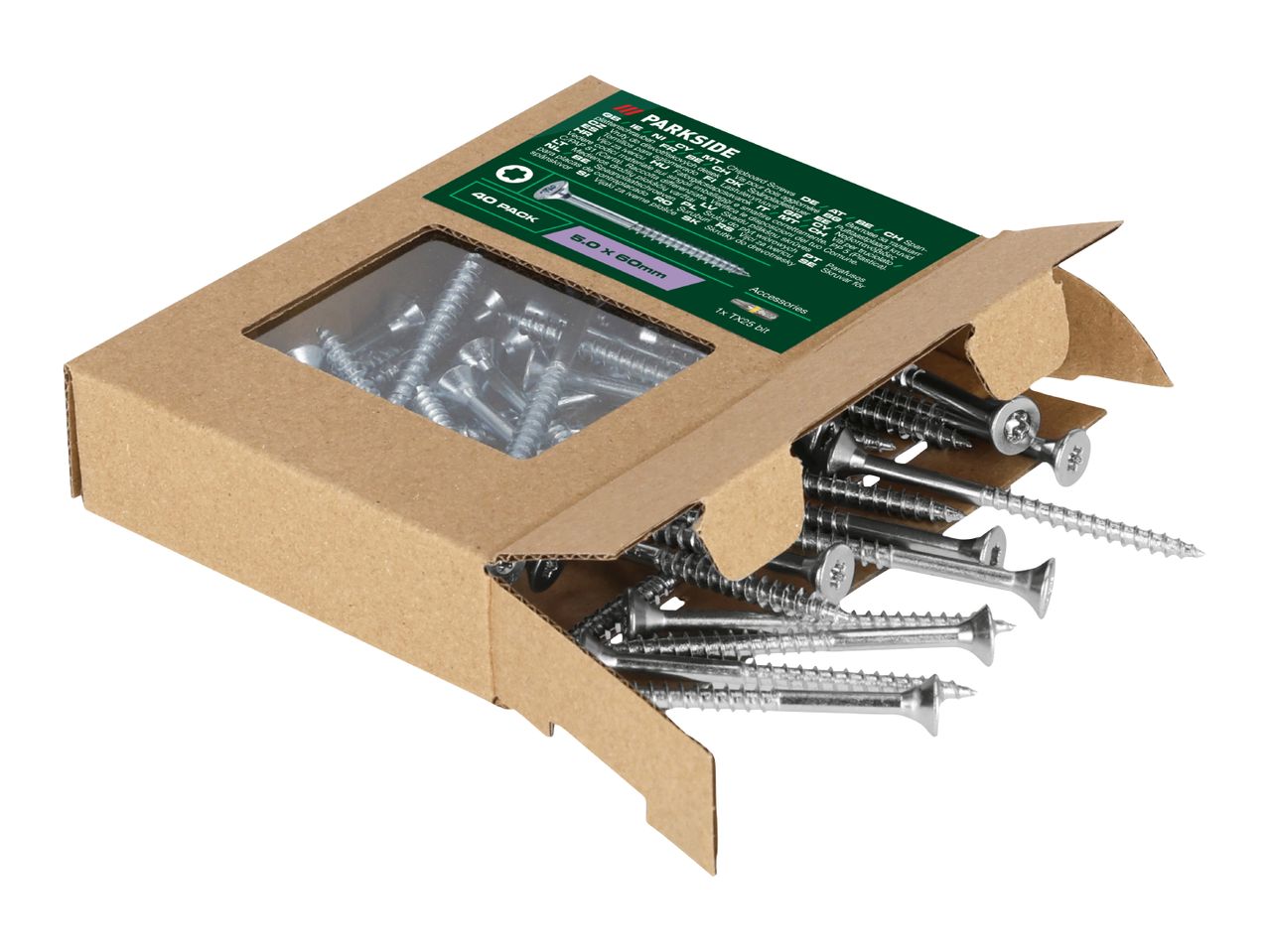 A box of 40 chipboard screws, 5.0 x 60mm, with a TX25 bit, spilling out of the packaging.