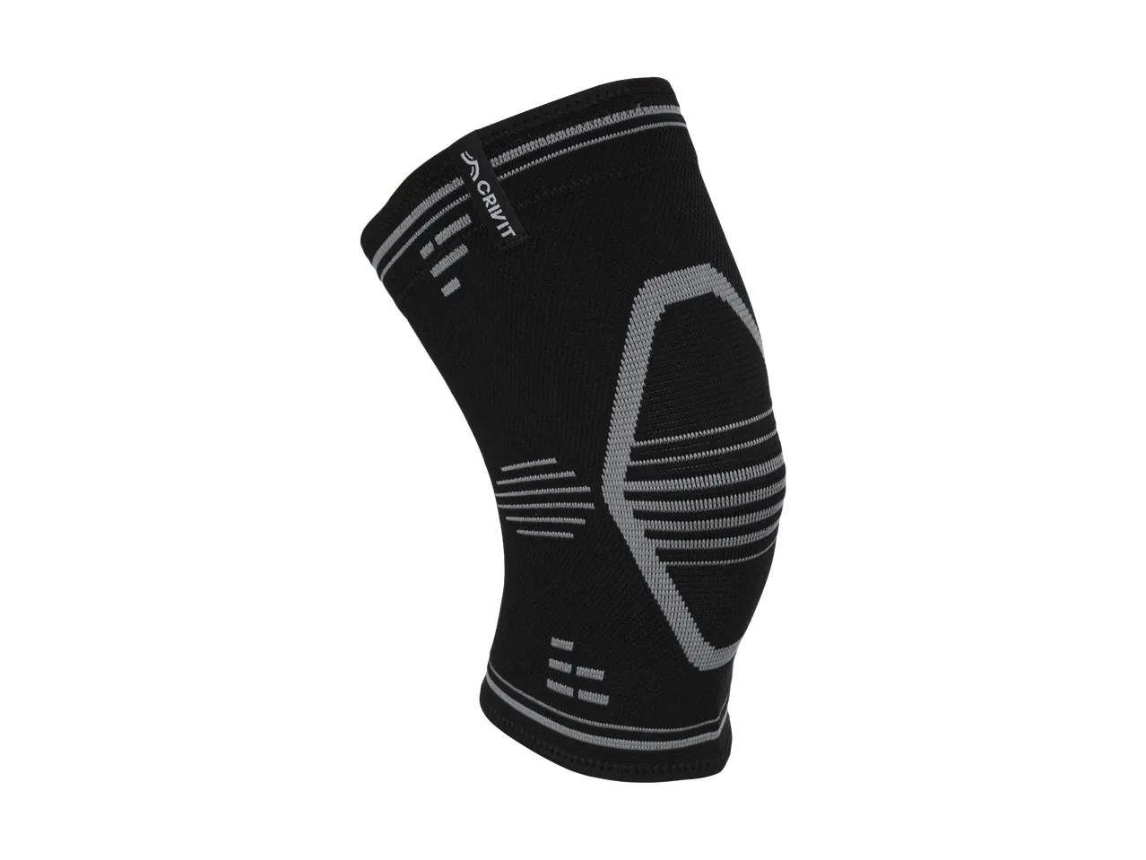 Schwarze Sport-Kniebandage mit grauen Mustern, bietet Halt und Kompression.