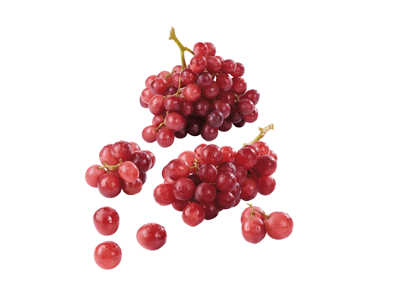 Frische rote Traubenbündel mit Wassertropfen auf schwarzem Hintergrund.