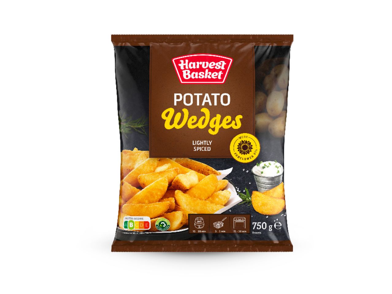 Pakiranje Harvest Basket krumpirića s natpisom 'Potato Wedges Lightly Spiced' i informacijama o kuhanju.