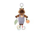 Plush capybara baby toy with overalls, a leaf, an orange, and colorful rings