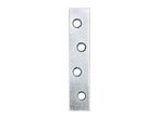 A silver metal mending plate with four holes, isolated on a white background.
