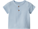 Light blue baby t-shirt with short sleeves and two wooden buttons on the placket.