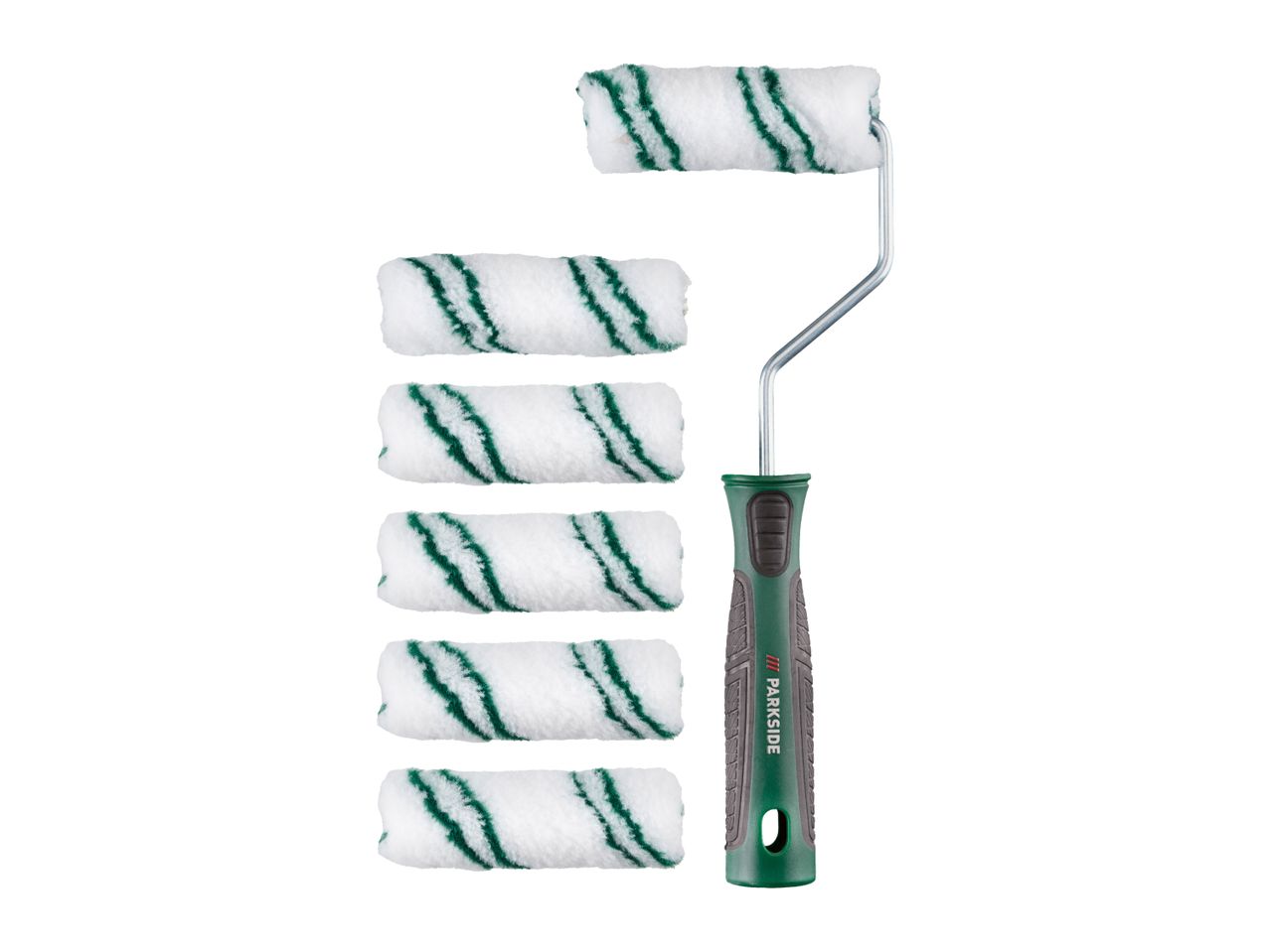 PARKSIDE paint roller with six white and green striped roller covers.