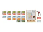 Toy cash register with play money, credit cards, and a scanner.