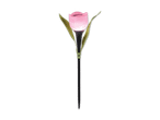 Solar-Gartenleuchte in Form einer leuchtenden rosa Tulpe mit grünen Blättern und schwarzem Stiel.