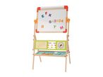 A wooden easel with a whiteboard, magnetic letters and numbers, an abacus, and a clock.