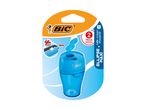A BIC blue plastic pencil sharpener is shown in its packaging.