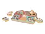 Wooden farm animal puzzle with a barn-shaped board and six animal pieces: sheep, dog, rooster, cat, cow.
