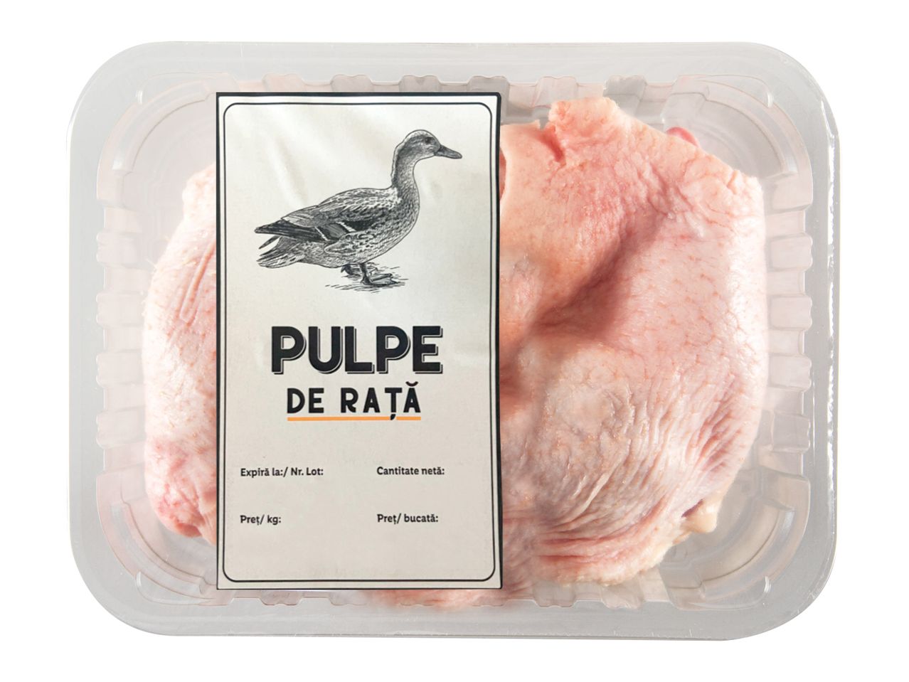 Pulpe de rață congelate ambalate într-un recipient transparent.