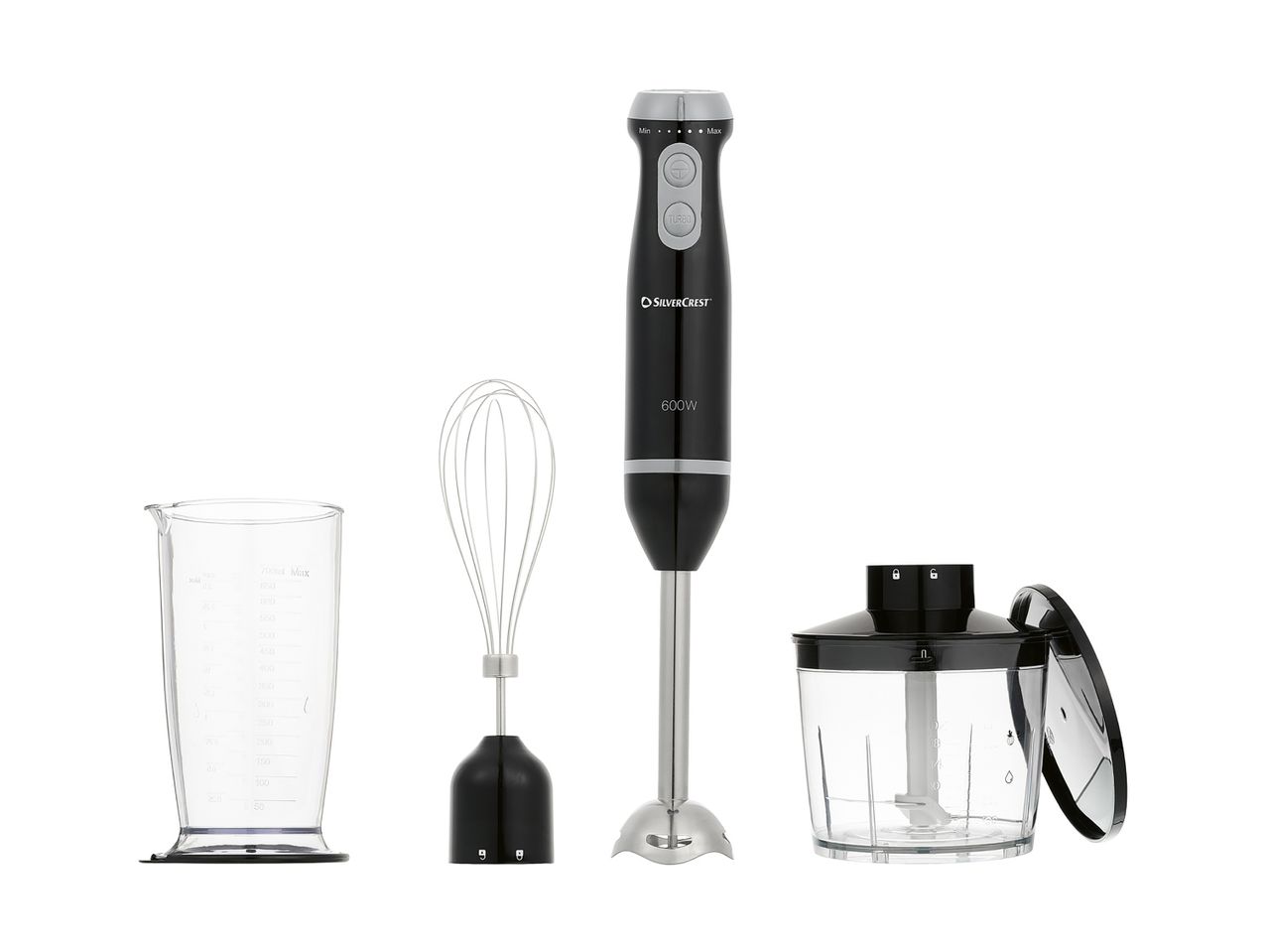 A black immersion blender set with a beaker, chopper, and whisk attachment.