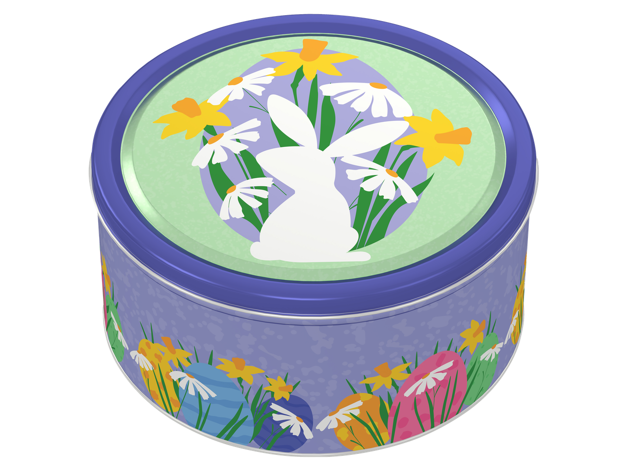 Paarse trommel met konijn, narcissen en madeliefjes op het deksel, paaseieren aan de zijkant.