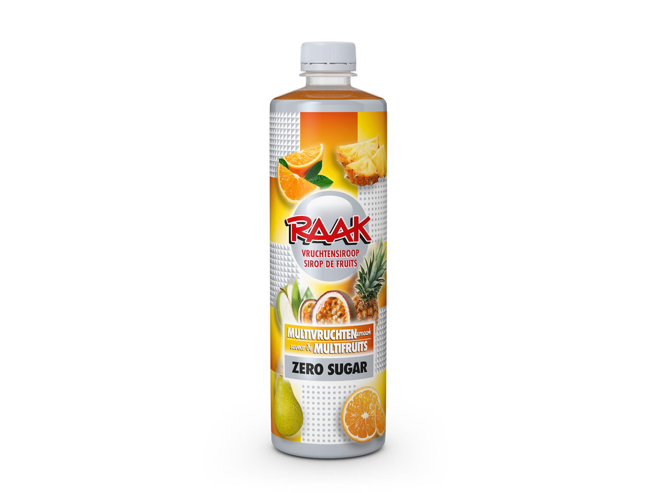 Raak multifruit siroop: sinaasappel, ananas, passievrucht, peer.  Zero sugar.