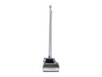 A broom and dustpan set with long handles stand upright.