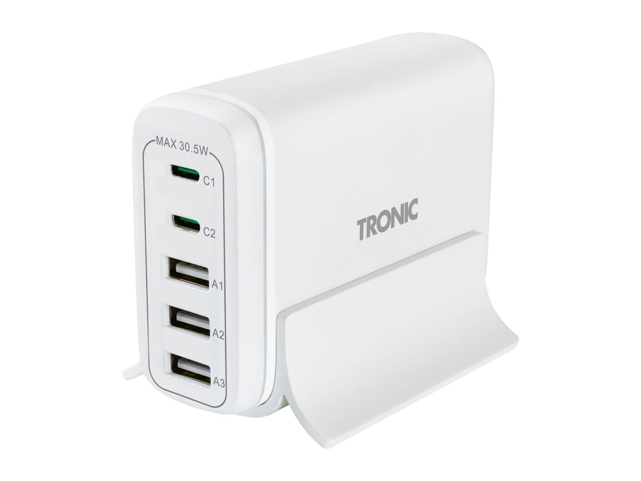 White USB charging station with two USB-C and three USB-A ports, labeled MAX 30.5W.
