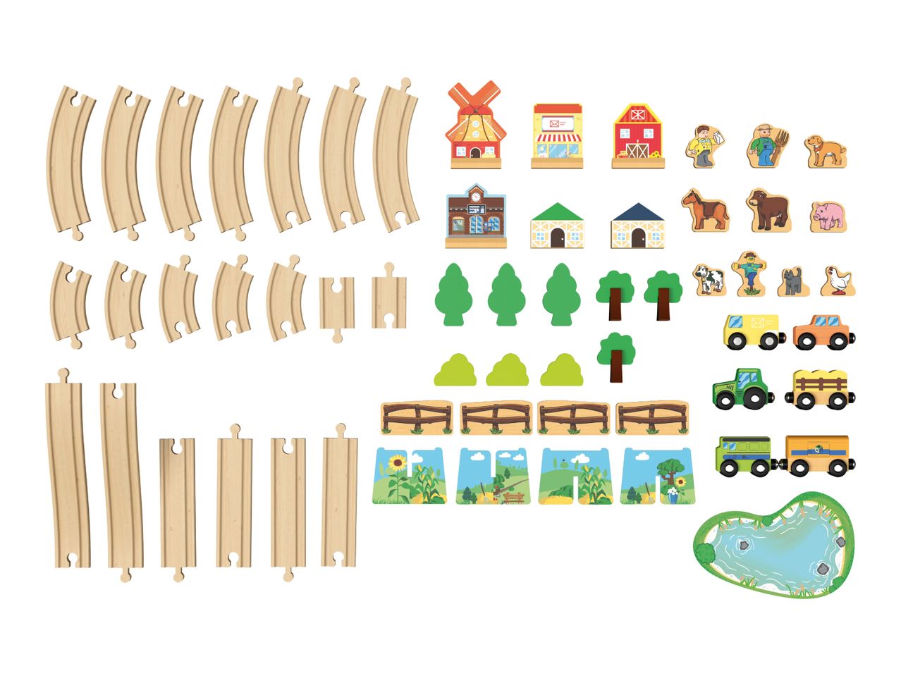 Wooden toy train tracks, farm buildings, animals, vehicles, trees, fences, and a pond.