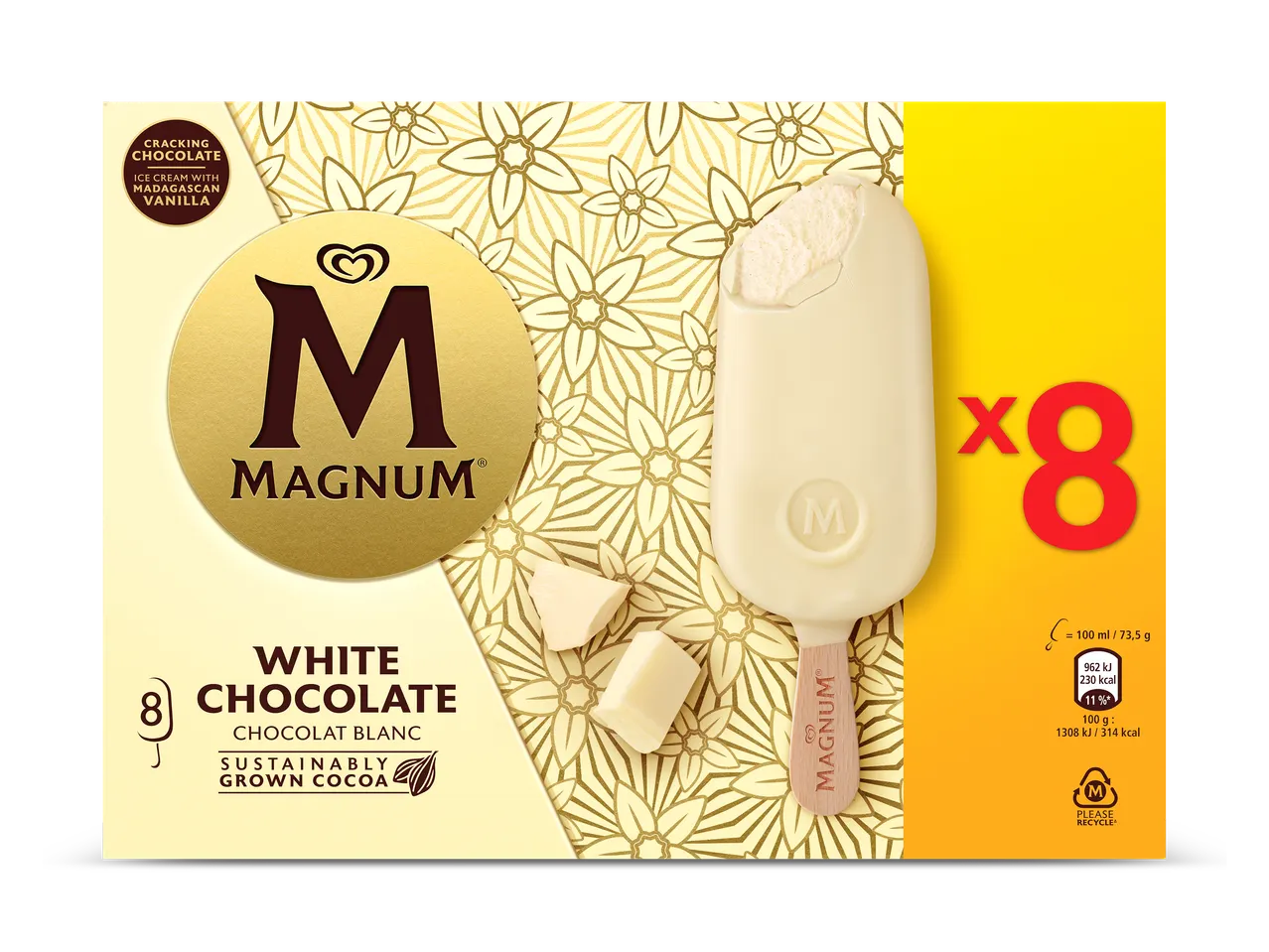 Doos met 8 witte chocolade-ijsjes met vanille-ijs, met een gebarsten chocoladelaag.