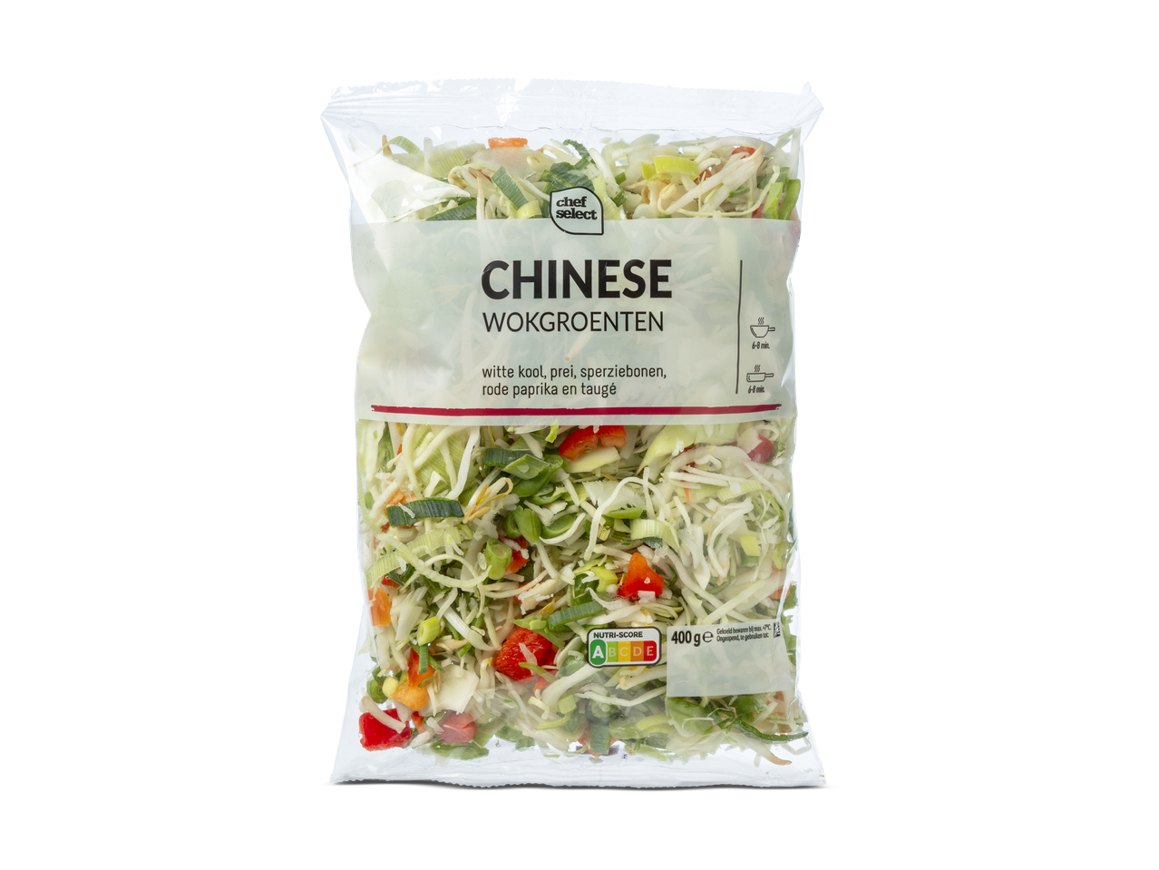 Zak Chinese wokgroenten met witte kool, prei, sperziebonen, rode paprika en taugé, 400g.
