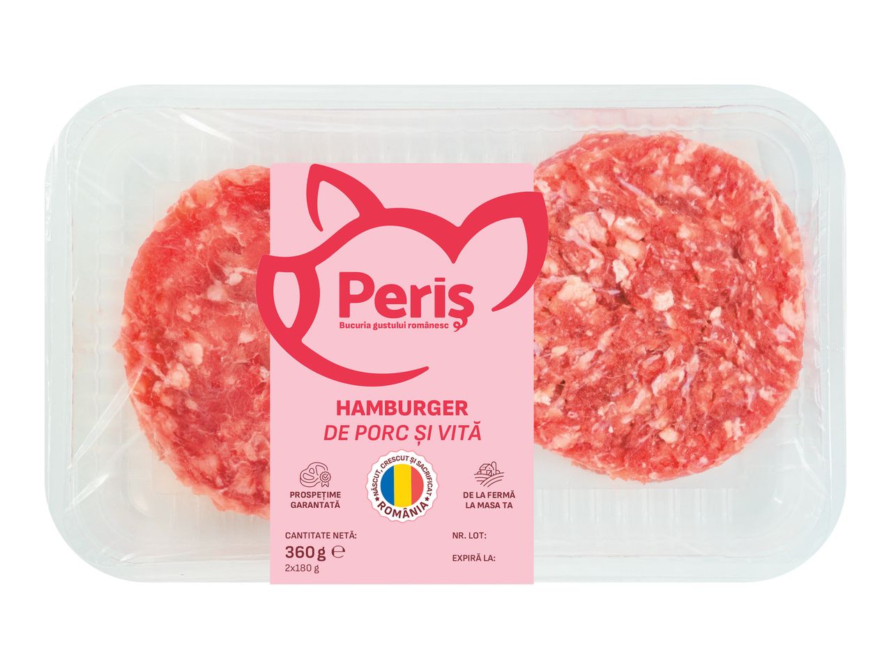 Hamburgeri de porc și vită, ambalați, cu etichetă roz și detalii despre prospețime.