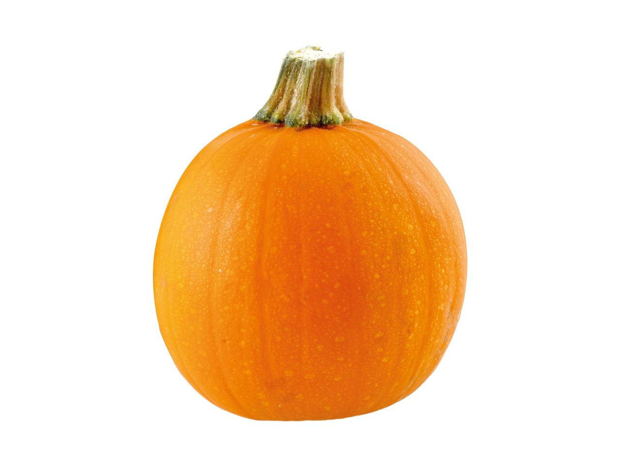 A small, round, orange pumpkin with a green stem on a white background.