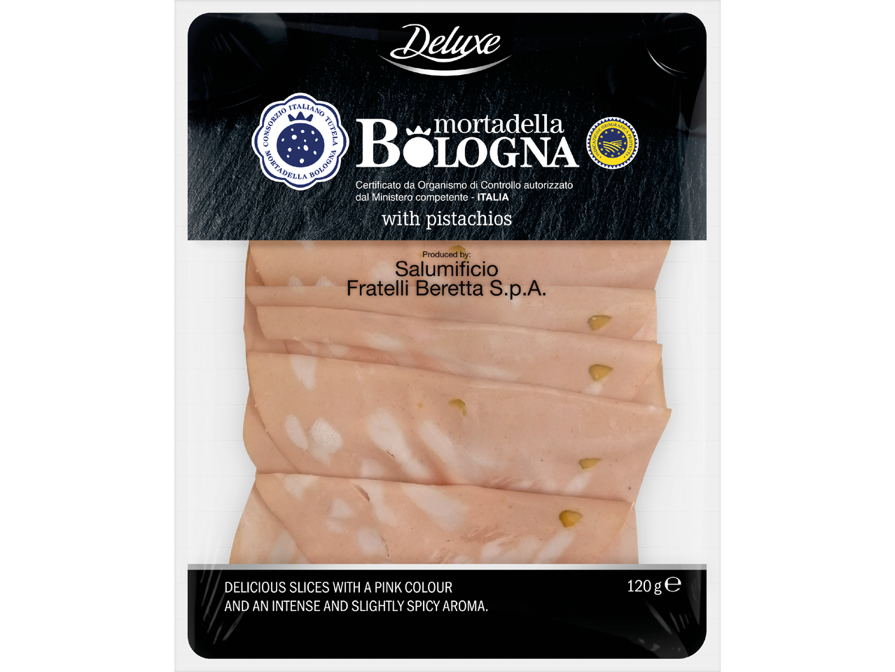 Deluxe Mortadella Bologna med pistagenötter, 120g förpackning.
