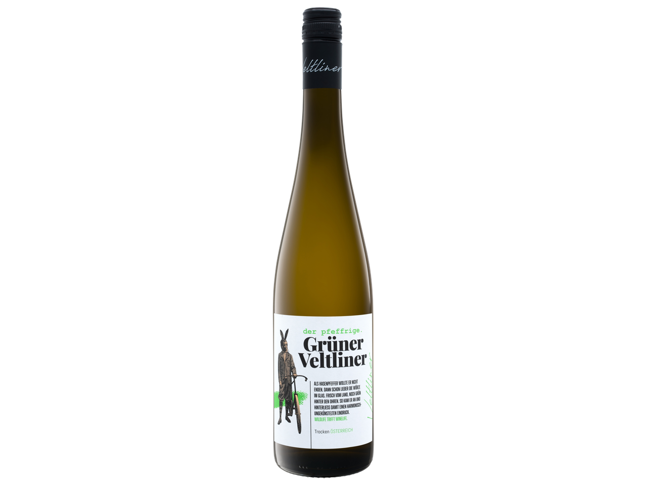 Fles Grüner Veltliner witte wijn met een etiket waarop een konijn op een fiets staat.