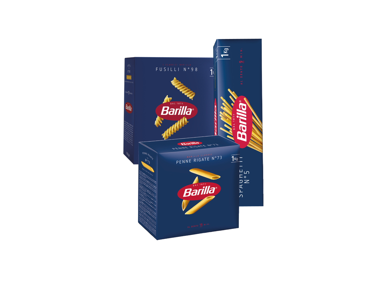 Tri pakiranja Barilla tjestenine: fusilli, penne rigate i špageti.