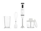 White immersion blender set with beaker and chopper.