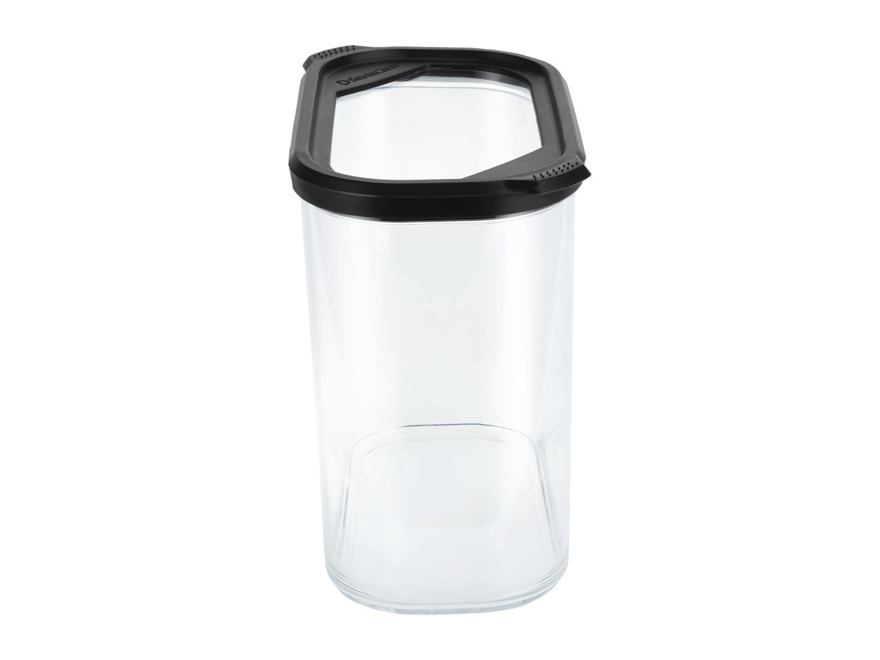 Clear rectangular food storage container with a black lid