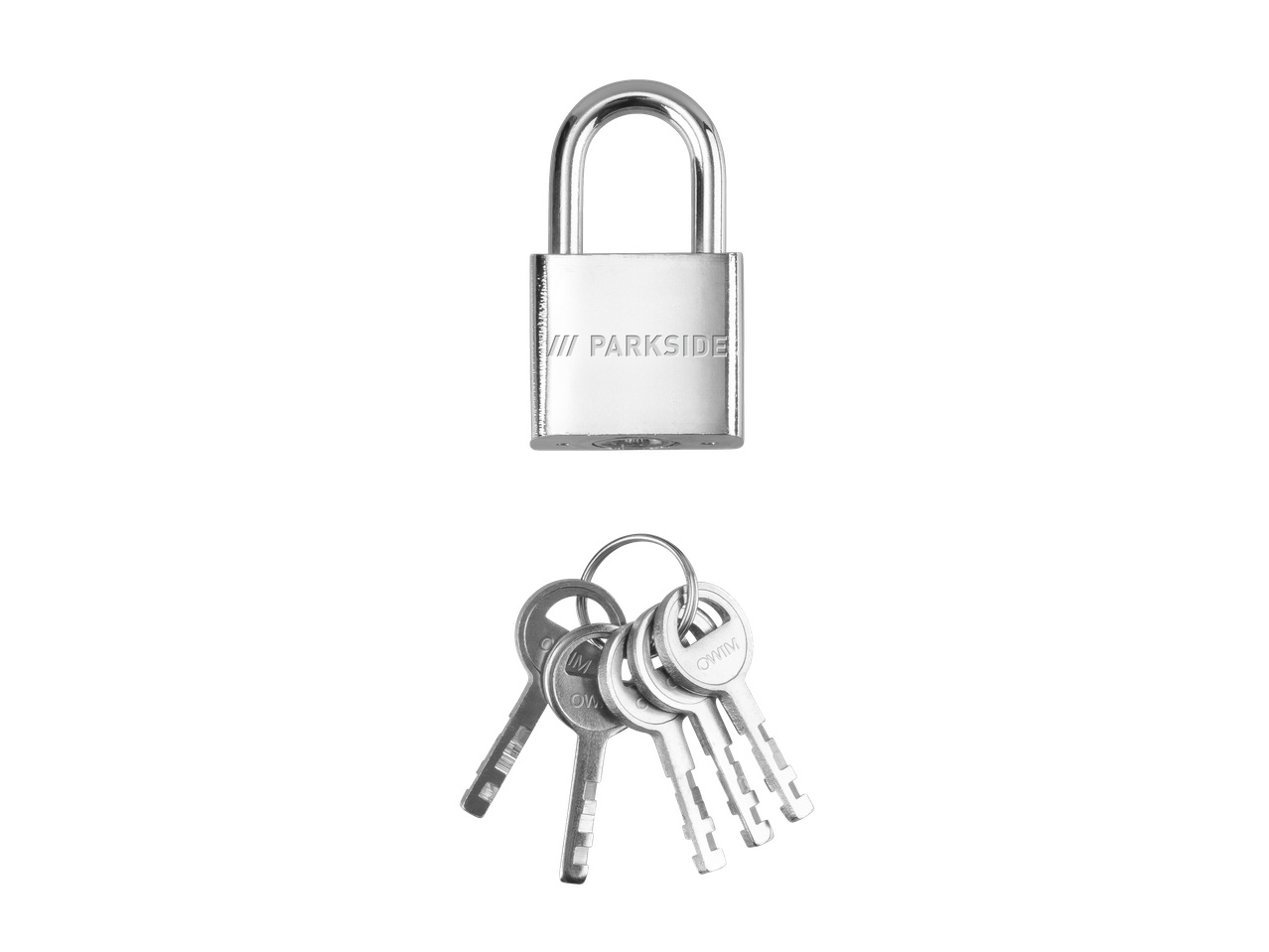 Cadeado Parkside e molho de chaves em fundo preto.