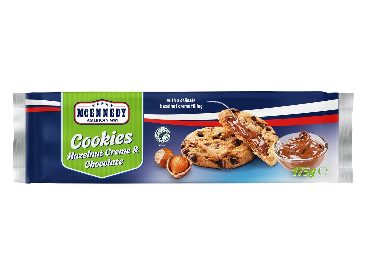Paquet de biscuits aux pépites de chocolat avec un fourrage crémeux aux noisettes, 175g.