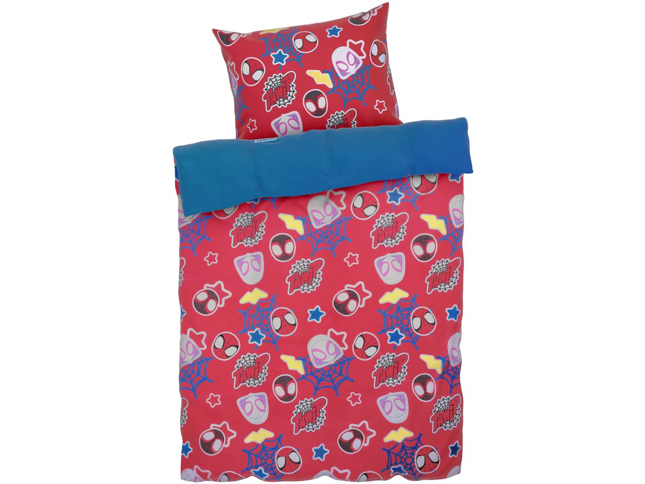 Set copripiumino e federa Spider-Man e Ghost-Spider su sfondo rosso.