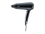 Black hair dryer with a narrow nozzle and a textured back, featuring a hanging loop.