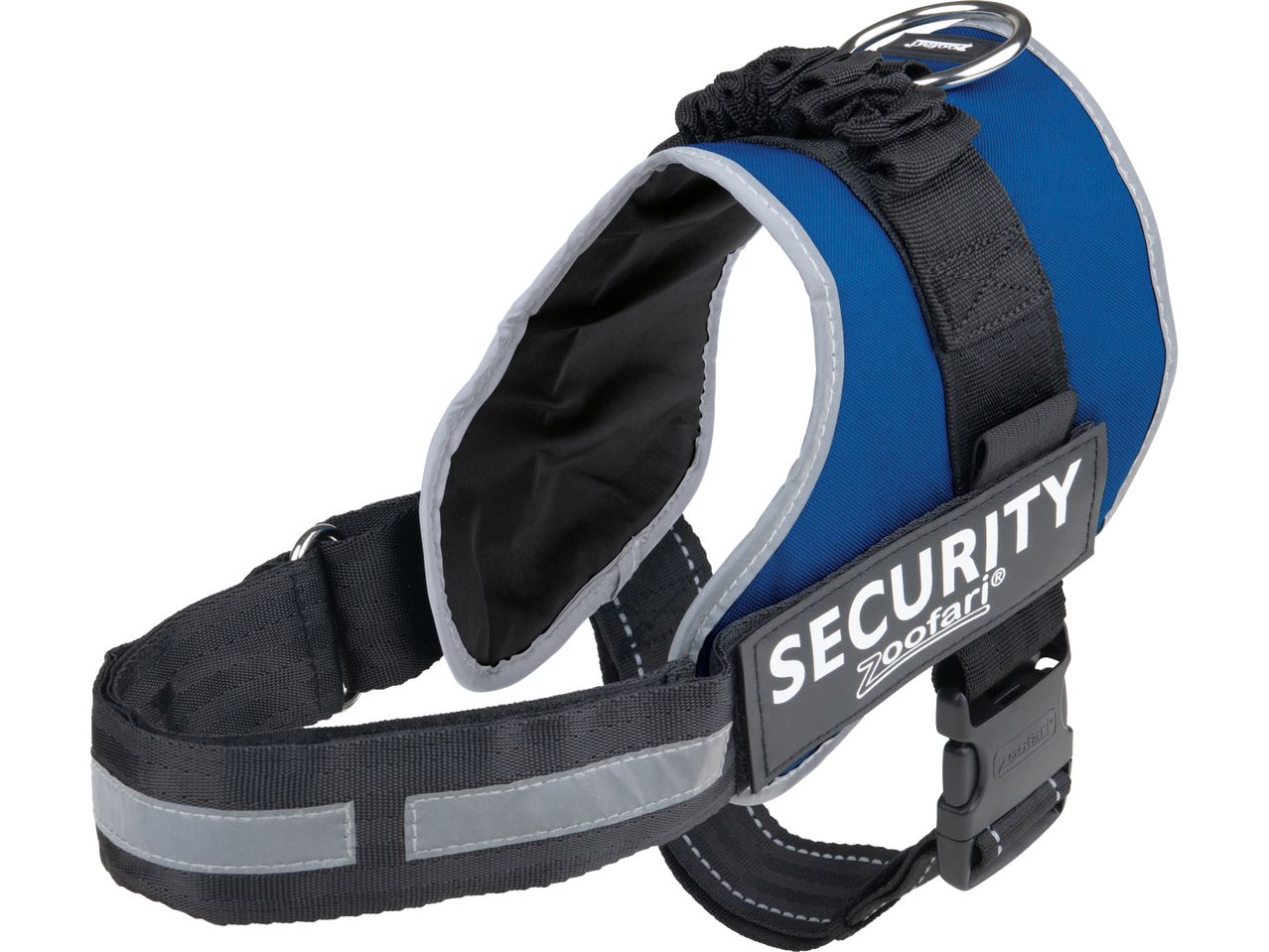 Zooafari Security dog harness in blue with reflective strips.