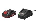 A black and red power tool battery next to a black battery charger with a green light.