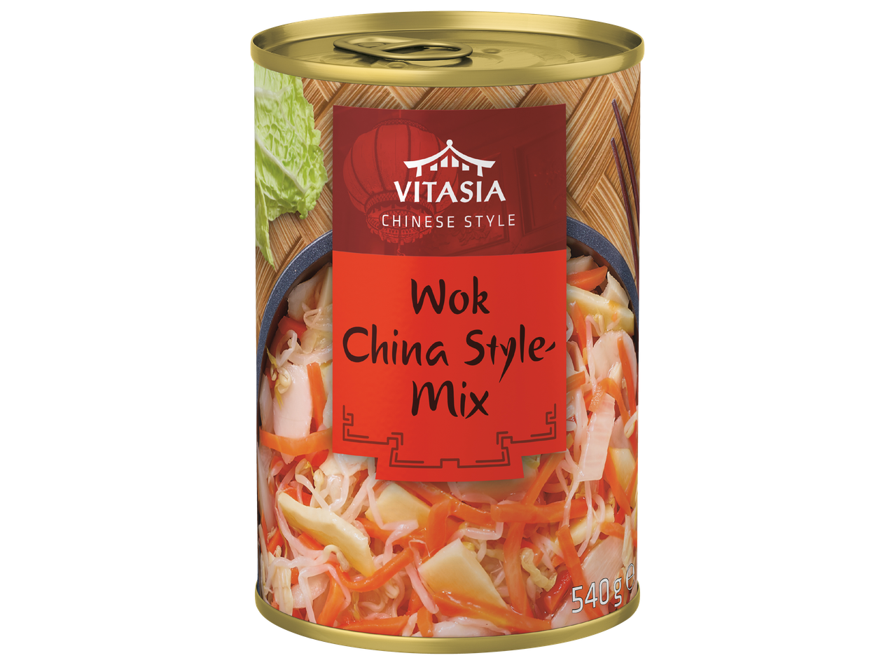 Консерва с микс от зеленчуци в китайски стил, с надпис 'Wok China Style-Mix'.