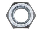 Close-up of a hexagonal metal nut with a threaded hole in the center.