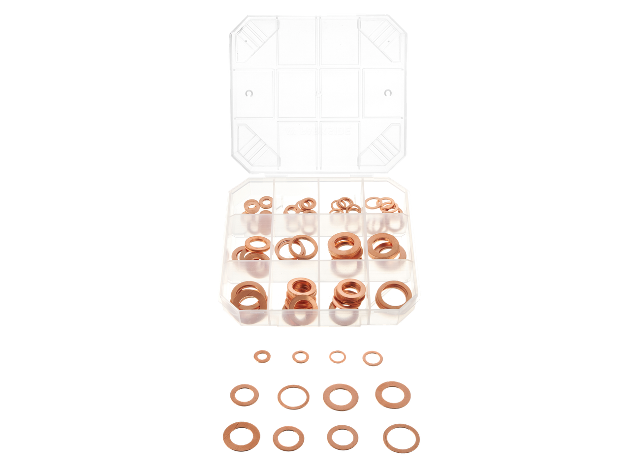 Conjunto de anilhas de cobre Parkside® num organizador transparente e soltas.