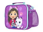 Purple lunch bag with a cartoon girl wearing cat ears and a white cat character.