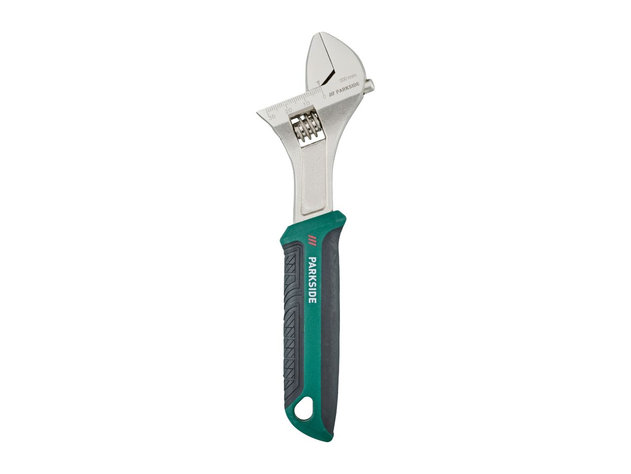 Adjustable wrench with a green and black handle, showing a 200 mm measurement.