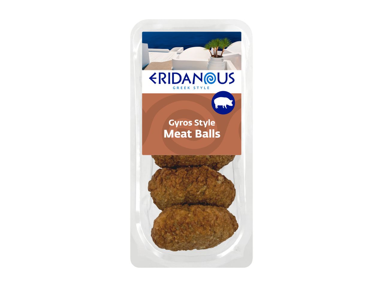 Gyros style meat balls in a clear plastic package, with a Greek-themed label.