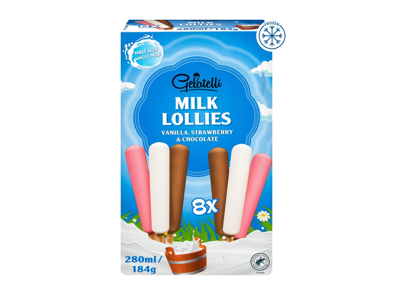 Box of 8 milk lollies in vanilla, strawberry, and chocolate flavors, made with whole milk.