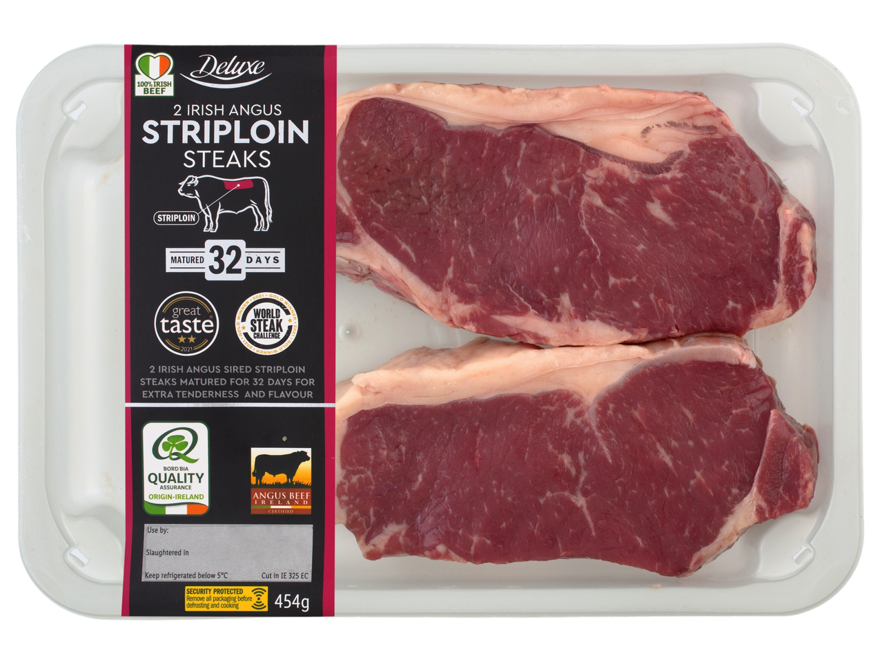 Pack of two Irish Angus striploin steaks, matured for 32 days, weighing 454g.