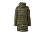 Back view of a long olive green puffer coat with a hood