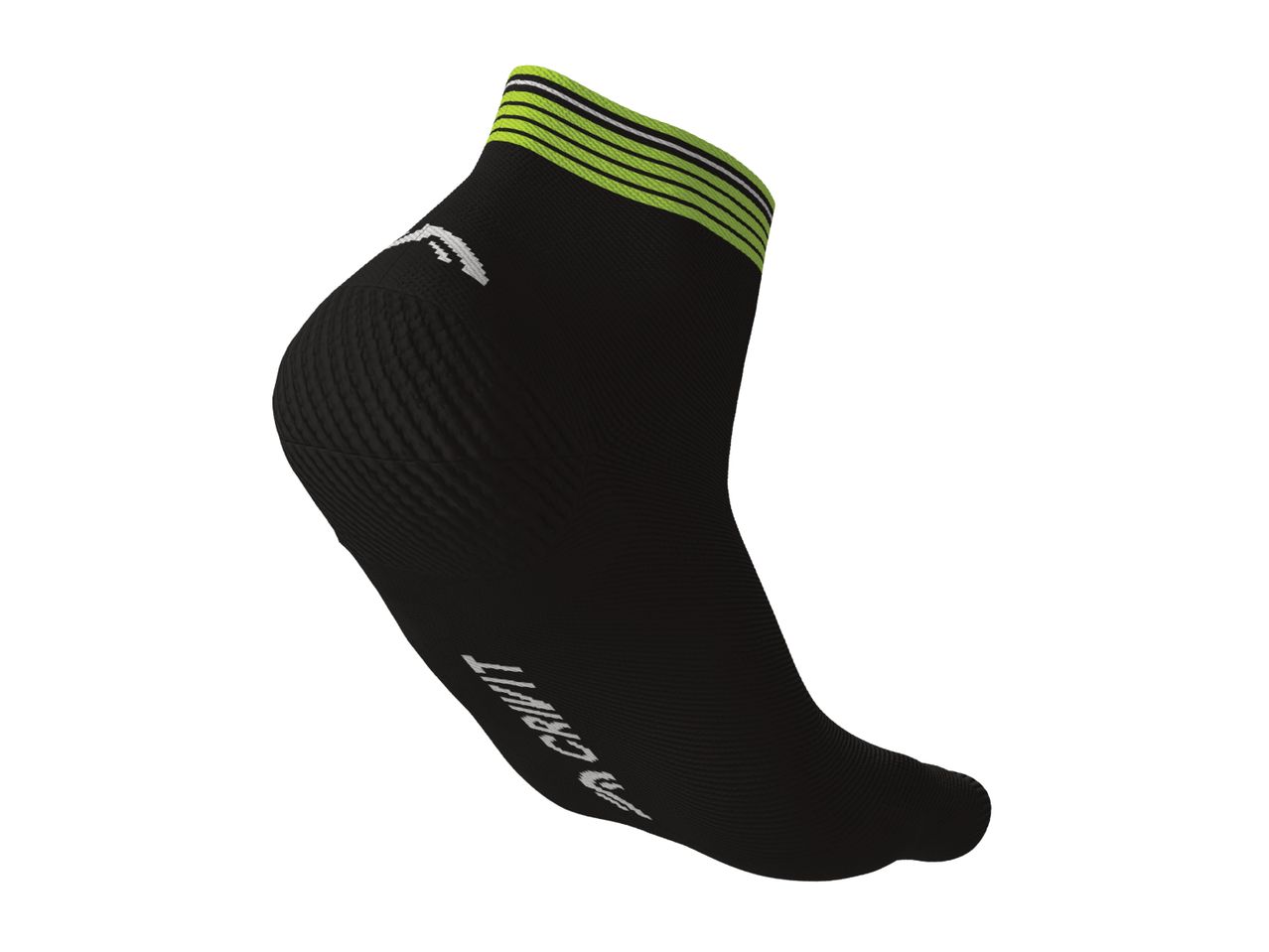 A black Crivit ankle sock with lime green stripes at the top.