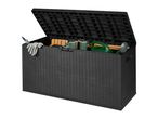Open dark grey storage box with gardening tools, including gloves, a watering can, and a sprayer.